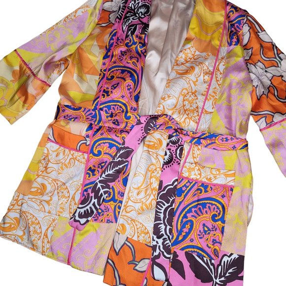 Zara color block belted kimono jacket with pockets silky polyester orange purple - Picture 5 of 10